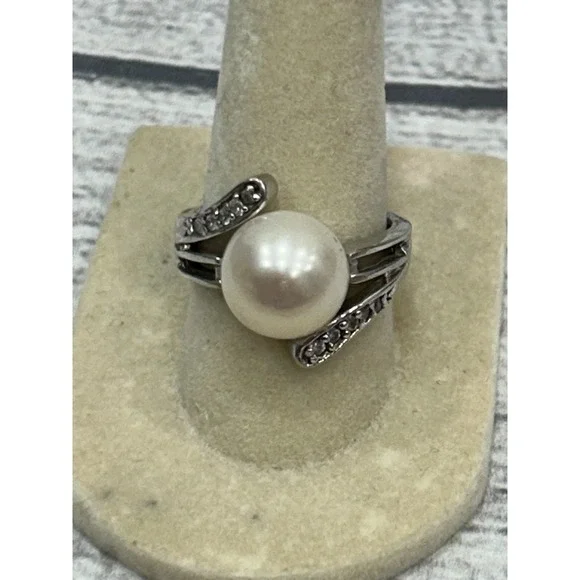 Sterling Silver 925 Pearl Cocktail‎ Ring Pave Accent Stones Split Shank Design 7 - Picture 2 of 9